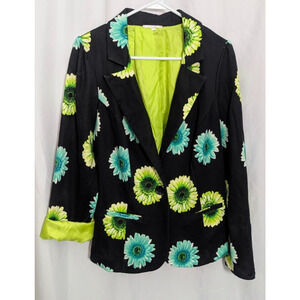 Free 2 Luv Black Green Floral Blazer Jacket Fits Large J1 Cuff Twee Quirky